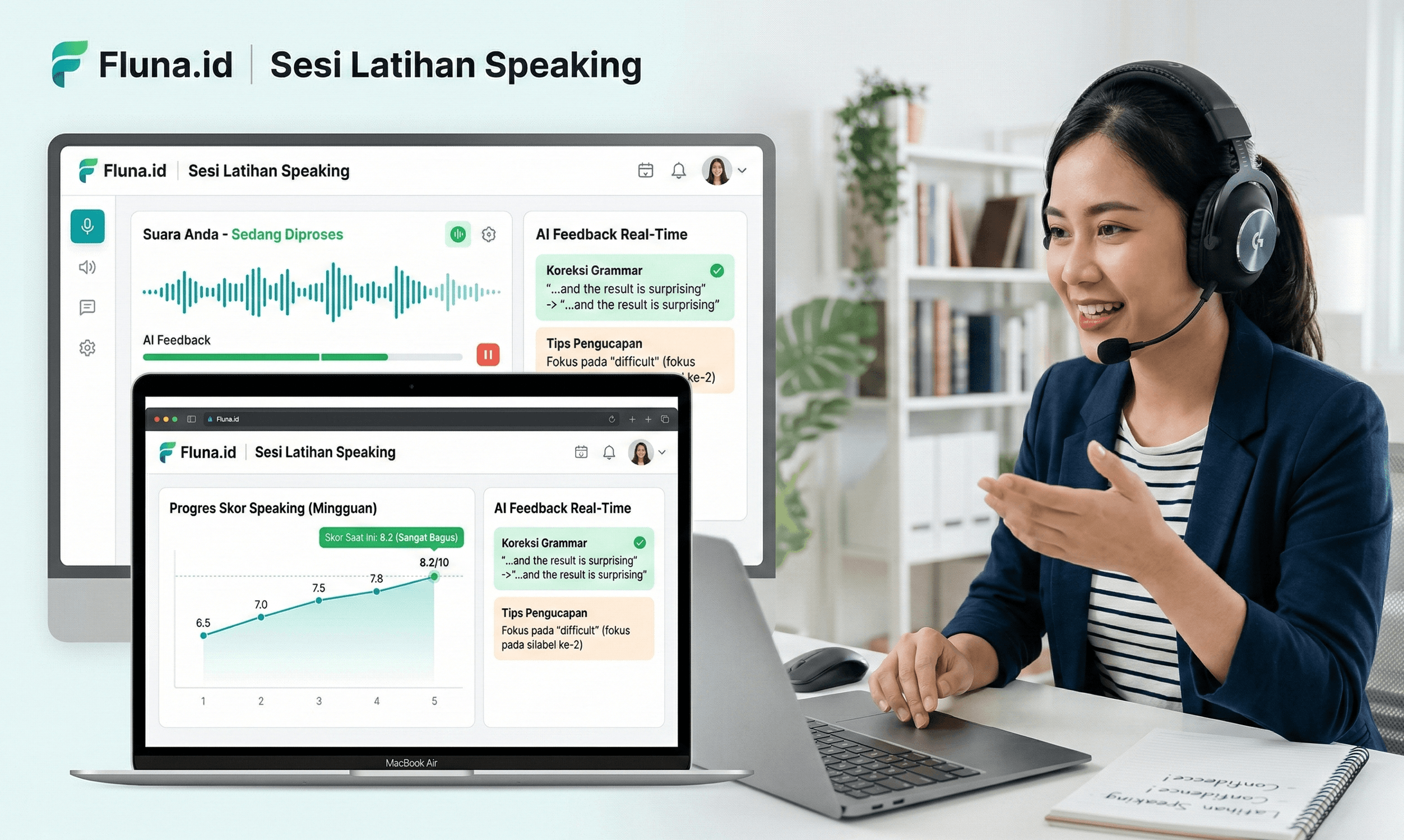 Fluna ID platform showing IELTS test interface and AI learning features